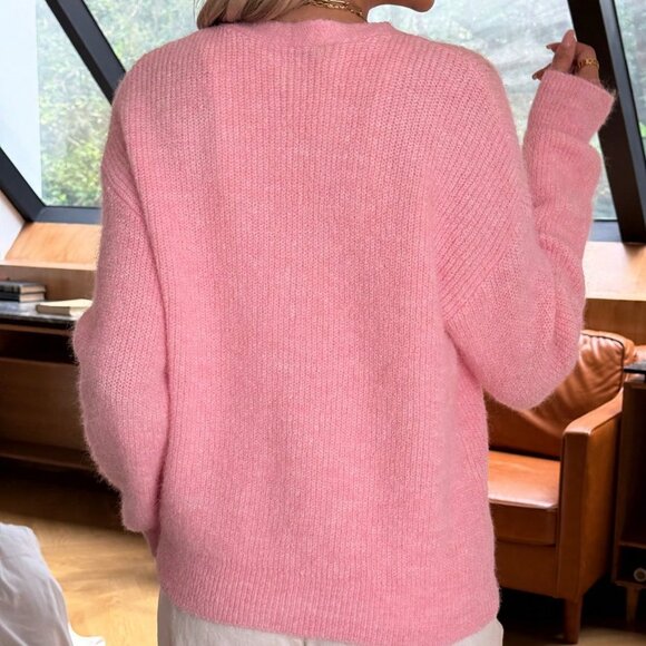 Pink Casual Women's V Neck Lace Trim & Rhinestones Cardigan - Picture 2 of 8